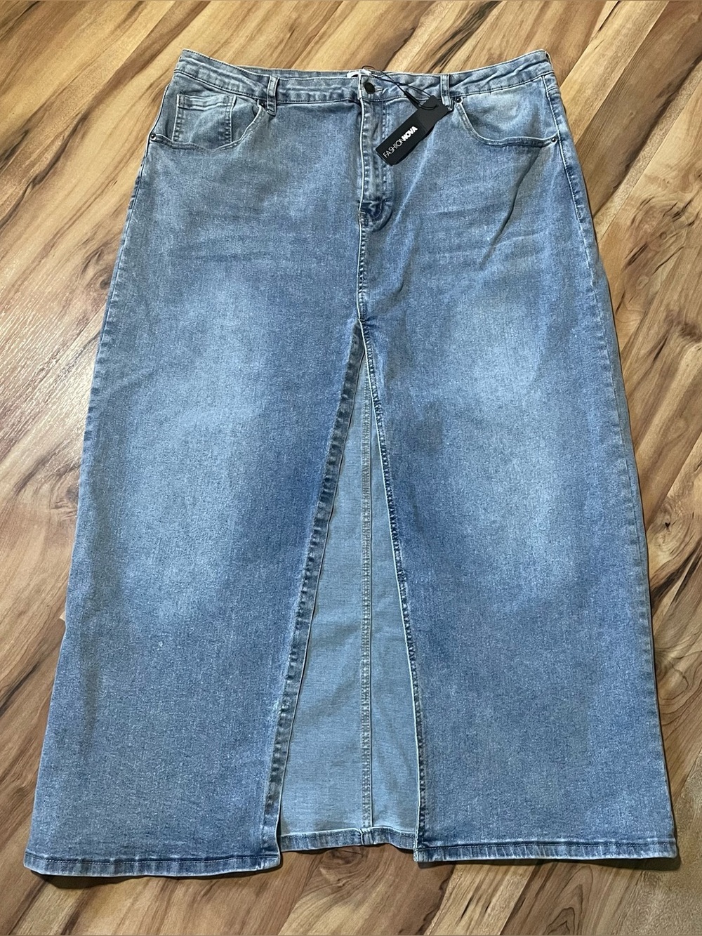 NWT Fashion Nova Nicole Blue Stretch Jean Maxi Skirt High Slit 3X